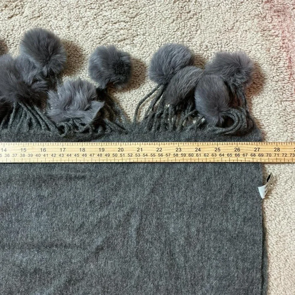Luxury Grey Wool Fur Blend Scarf‎ with Pom Pom Tassels